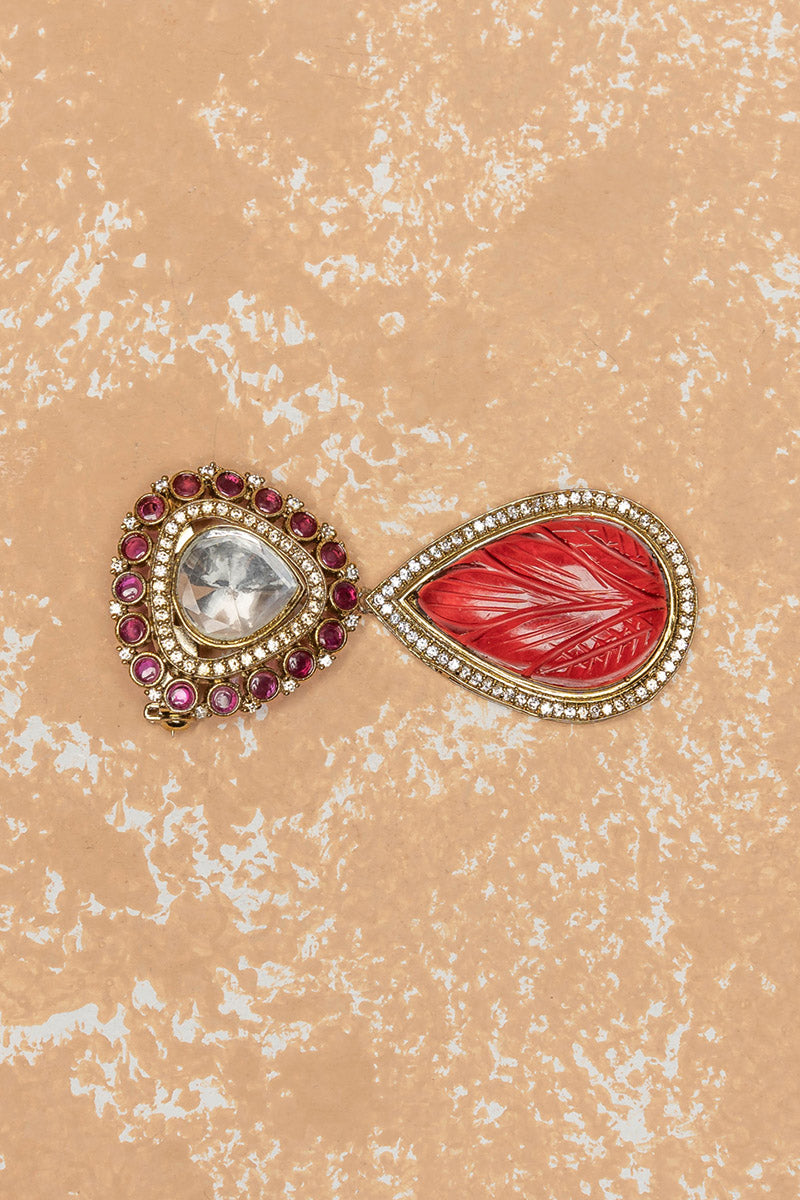 Crystal Brooch With Maroon Jaipuri Bead Drop