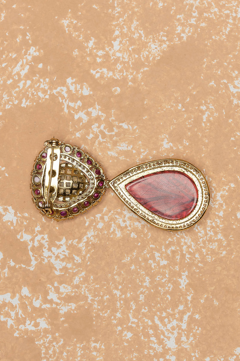 Crystal Brooch With Maroon Jaipuri Bead Drop