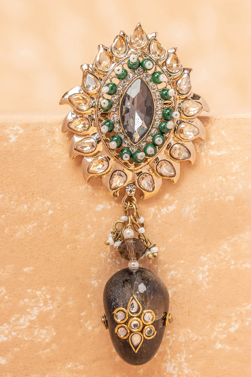 Oval Crystal Brooch with Dark Green Drop