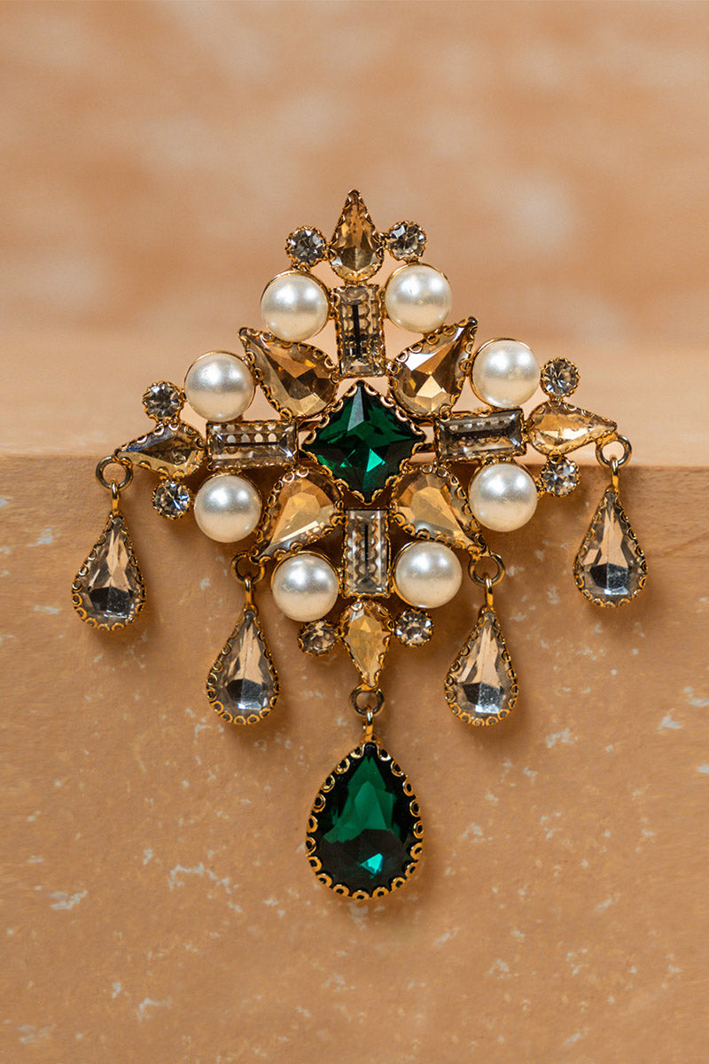 Dark Green Quadrant Crystal Pearl Brooch