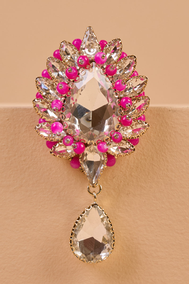 Silver and Pink Crystal Brooch With Drop Detailing