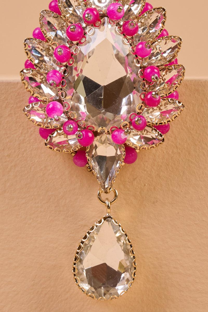 Silver and Pink Crystal Brooch With Drop Detailing