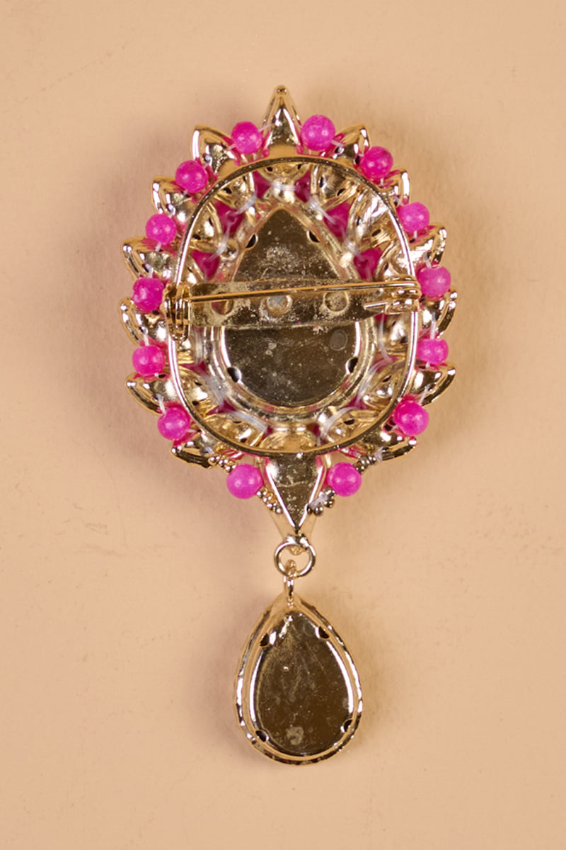 Silver and Pink Crystal Brooch With Drop Detailing