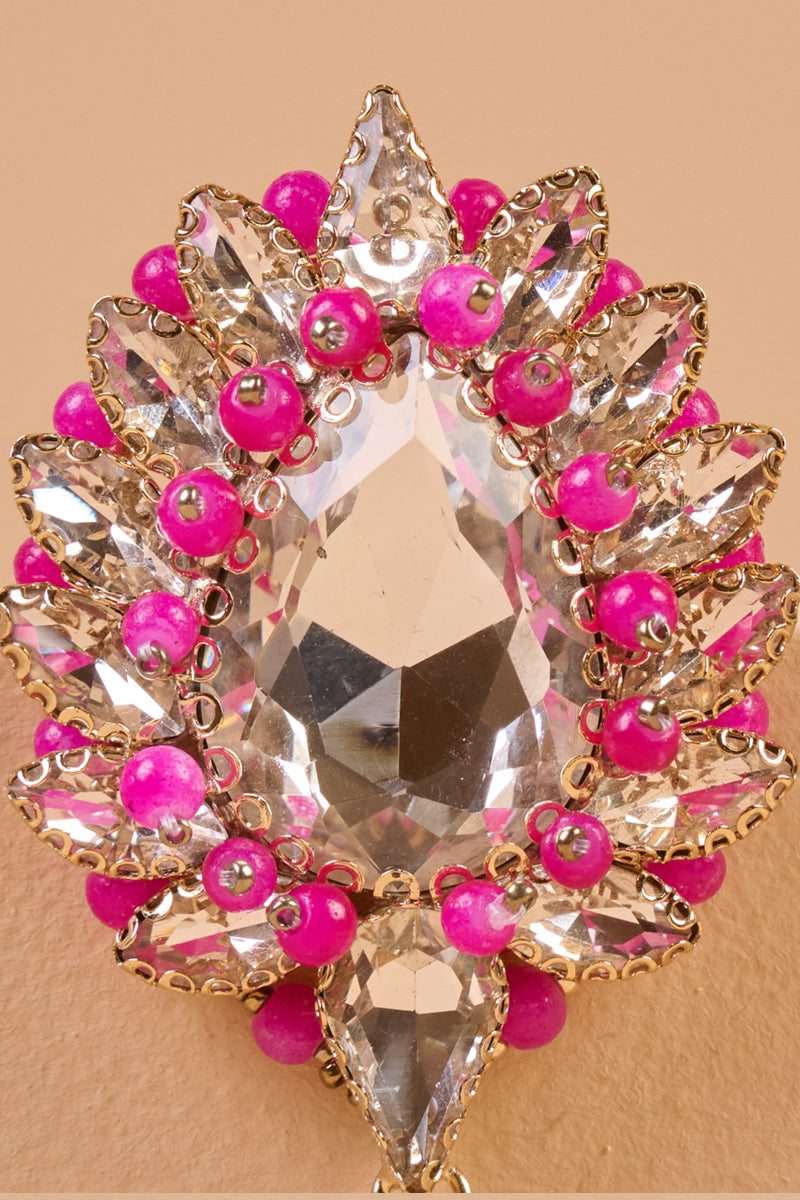 Silver and Pink Crystal Brooch With Drop Detailing