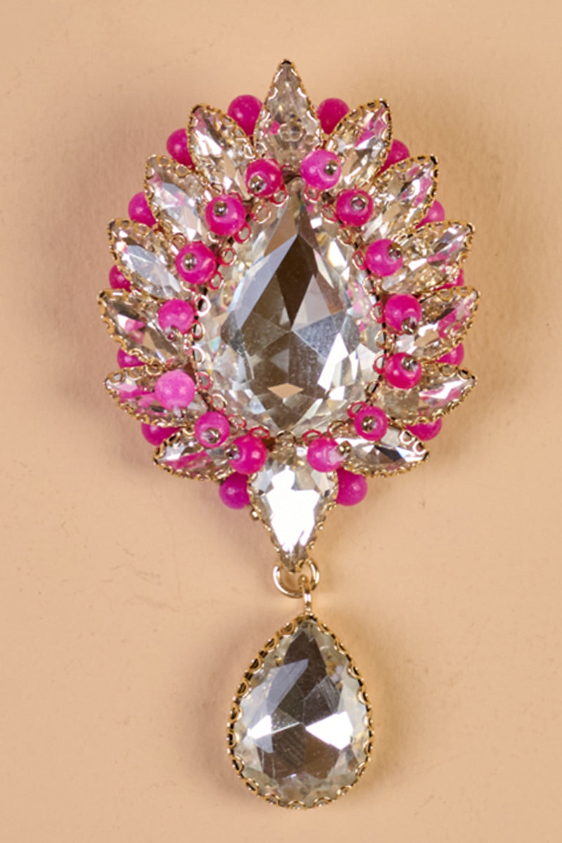 Silver and Pink Crystal Brooch With Drop Detailing