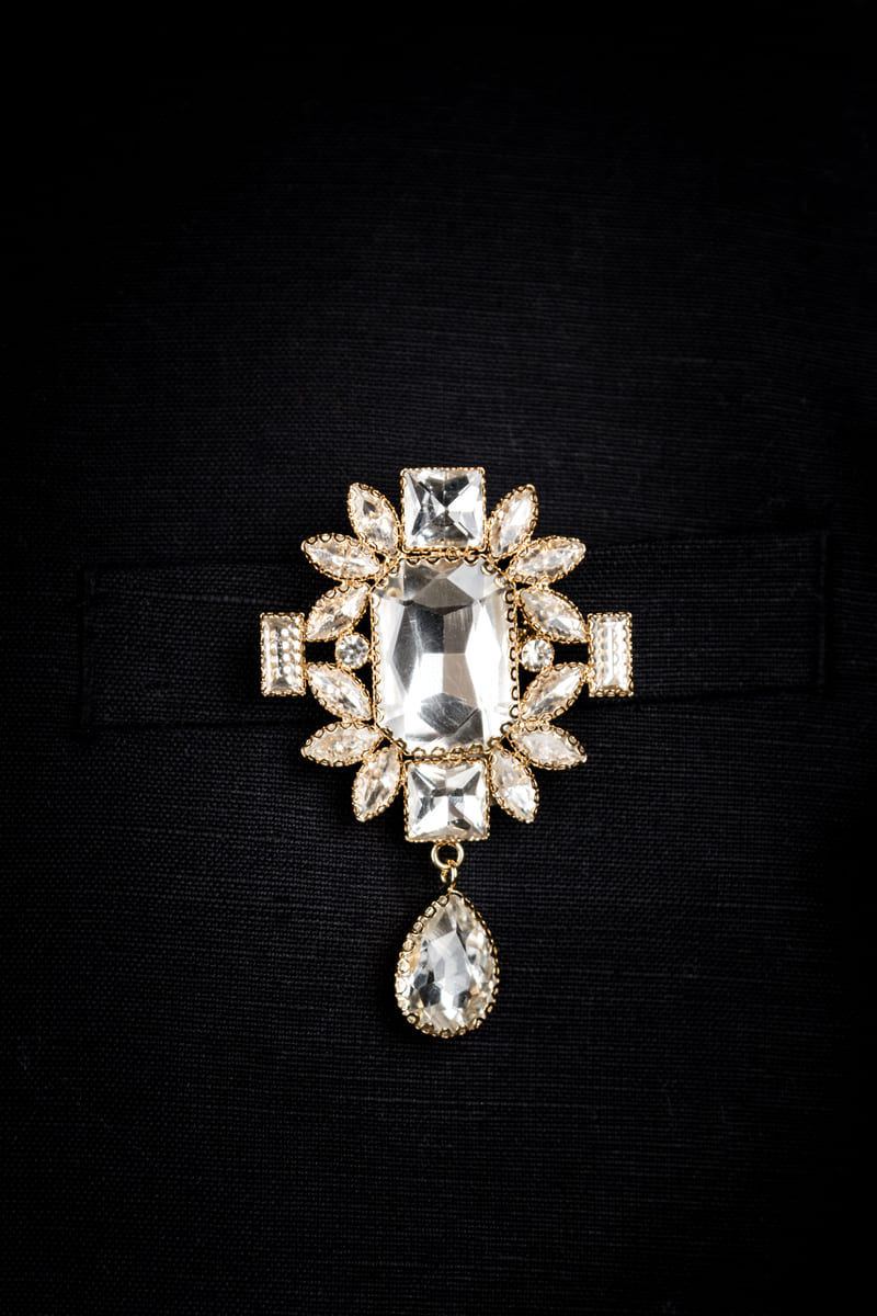 Transparent Rectangular Crystal Brooch With Drop Detailing