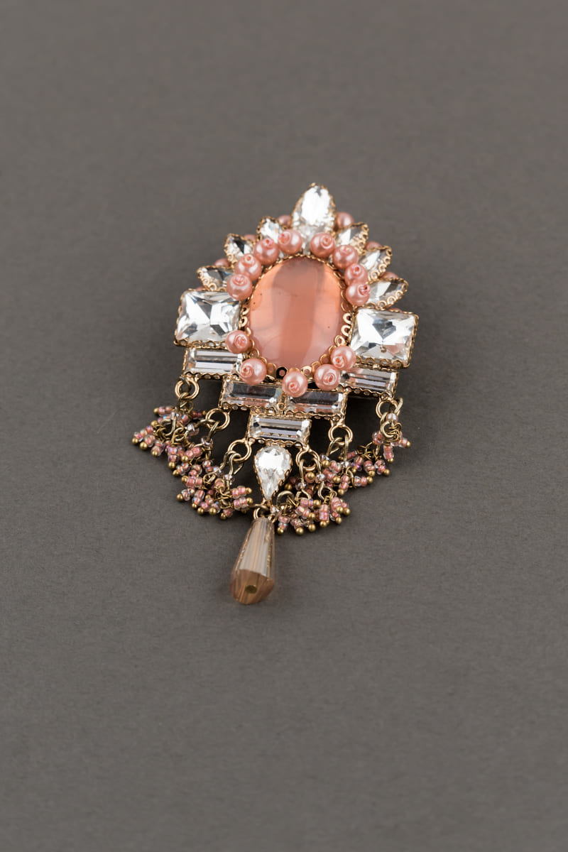 Crystal With Peach Stone Brooch