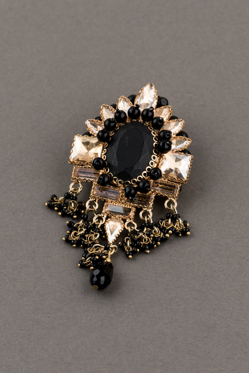 Crystal With Black Stone Brooch