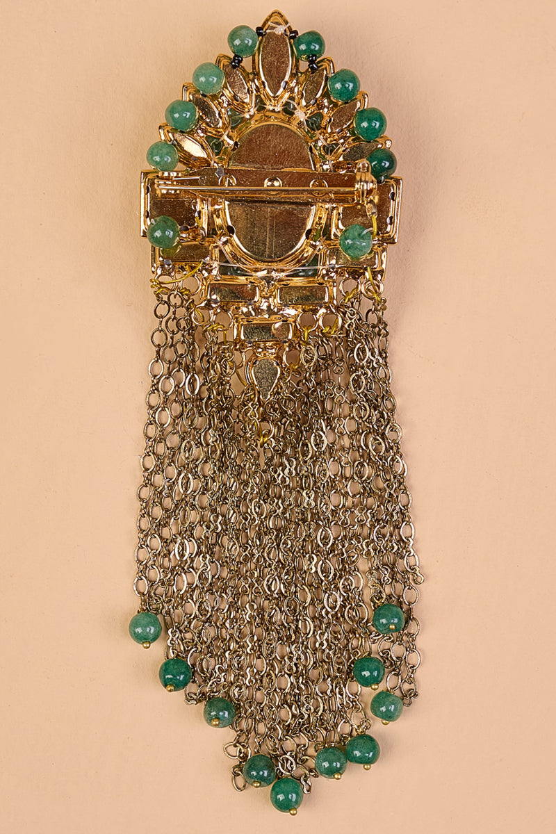 Green Stone Crystal Brooch With Metal Chain Drops