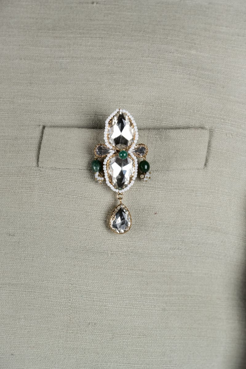 Crystal Brooch with Green Pearl Drop