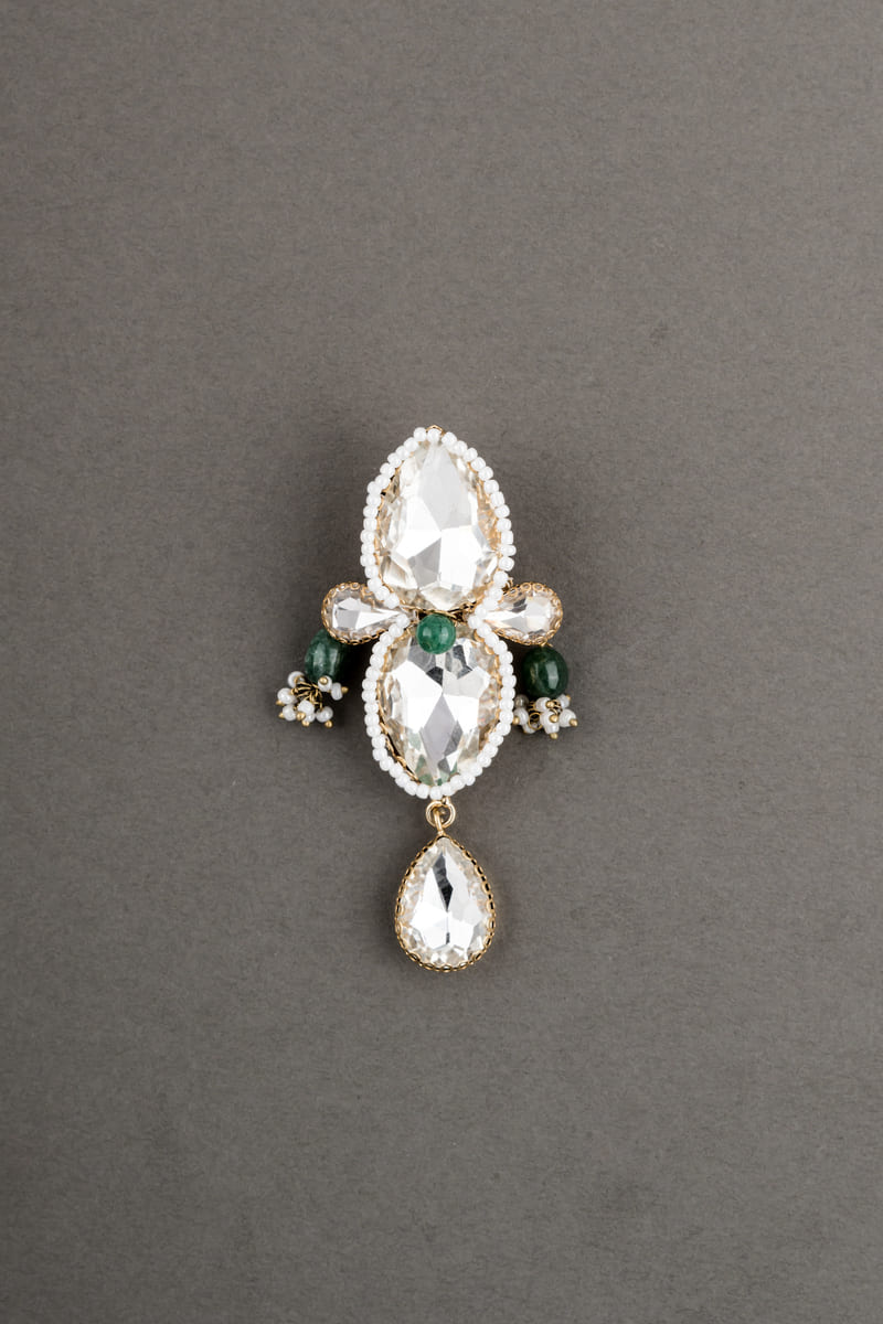 Crystal Brooch with Green Pearl Drop