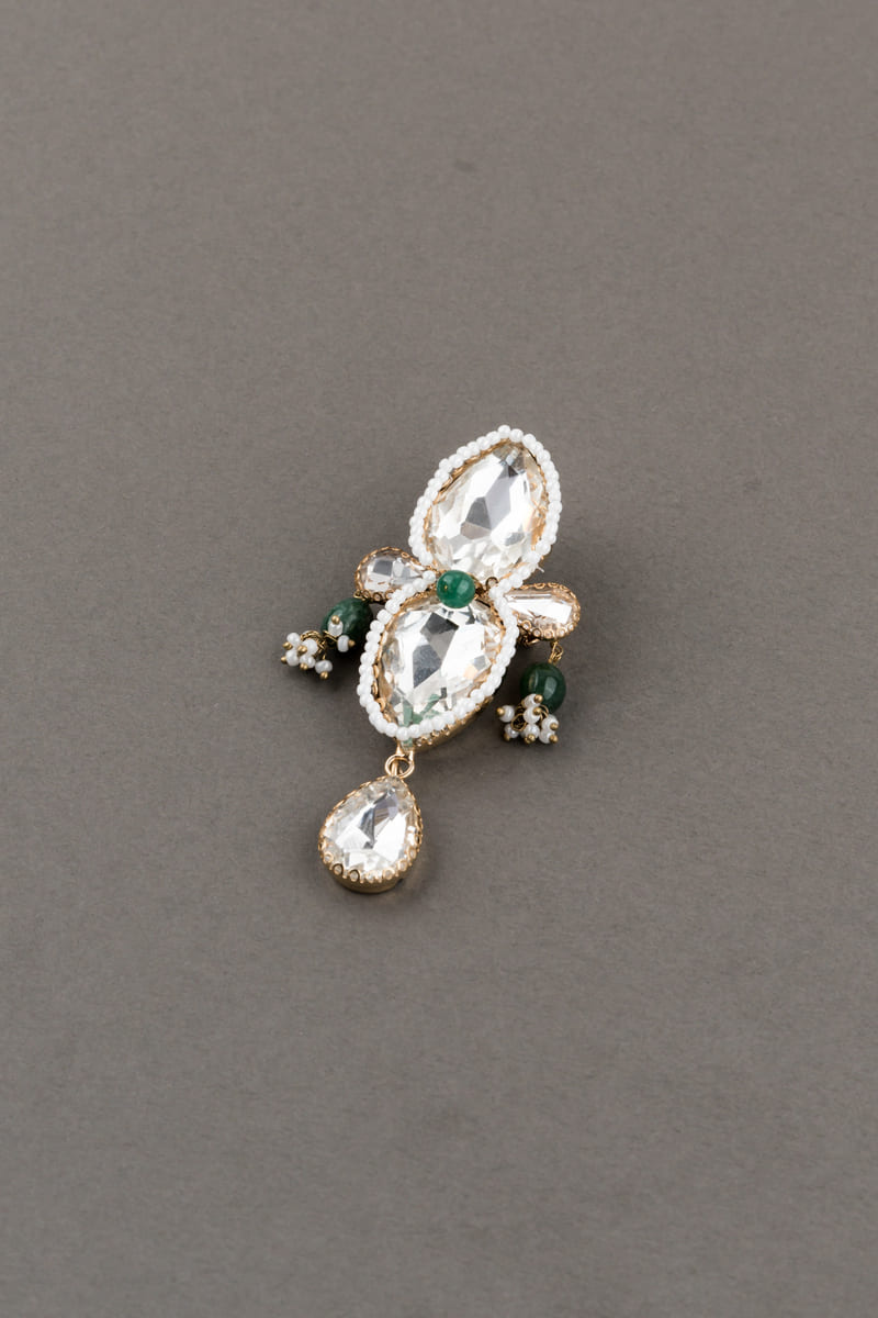 Crystal Brooch with Green Pearl Drop