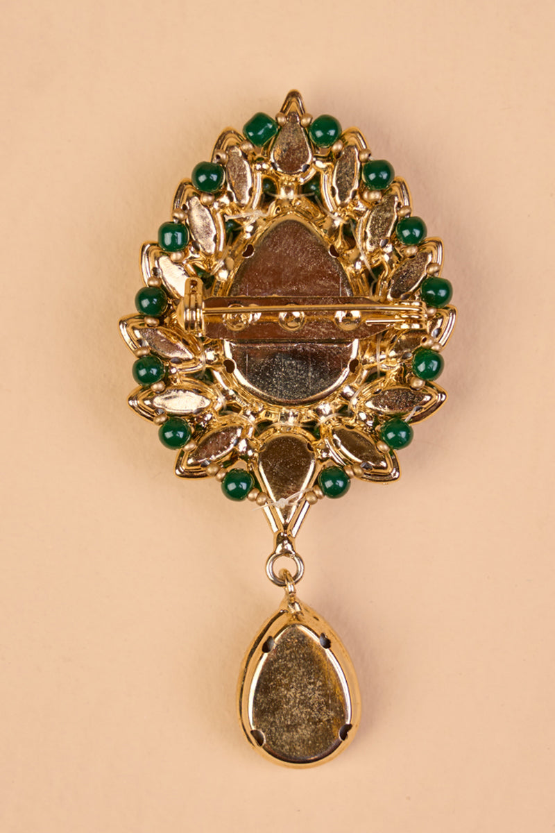 Gold Stone Brooch With Drop Crystals