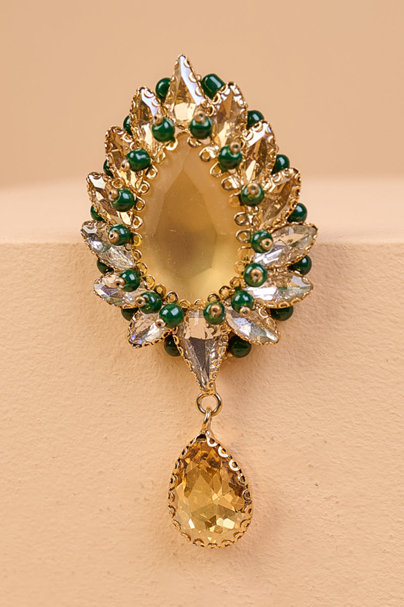 Gold Stone Brooch With Drop Crystals