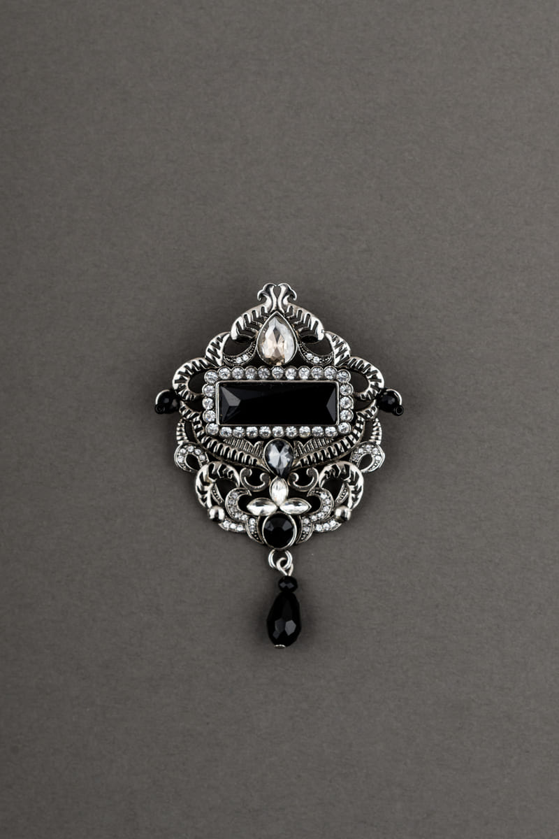 Silver Crystal Brooch with Black Crystals