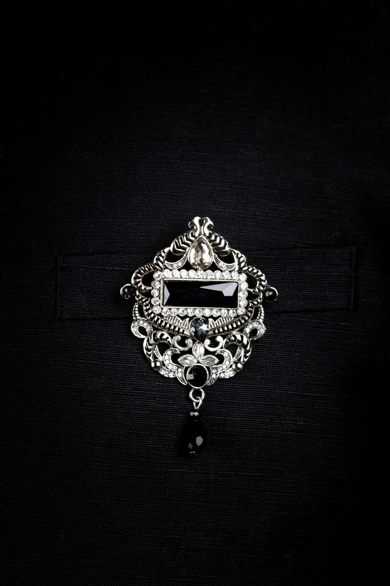 Silver Crystal Brooch with Black Crystals