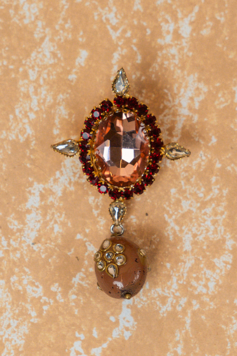 Peach Brooch With Jaipuri Beads Drop