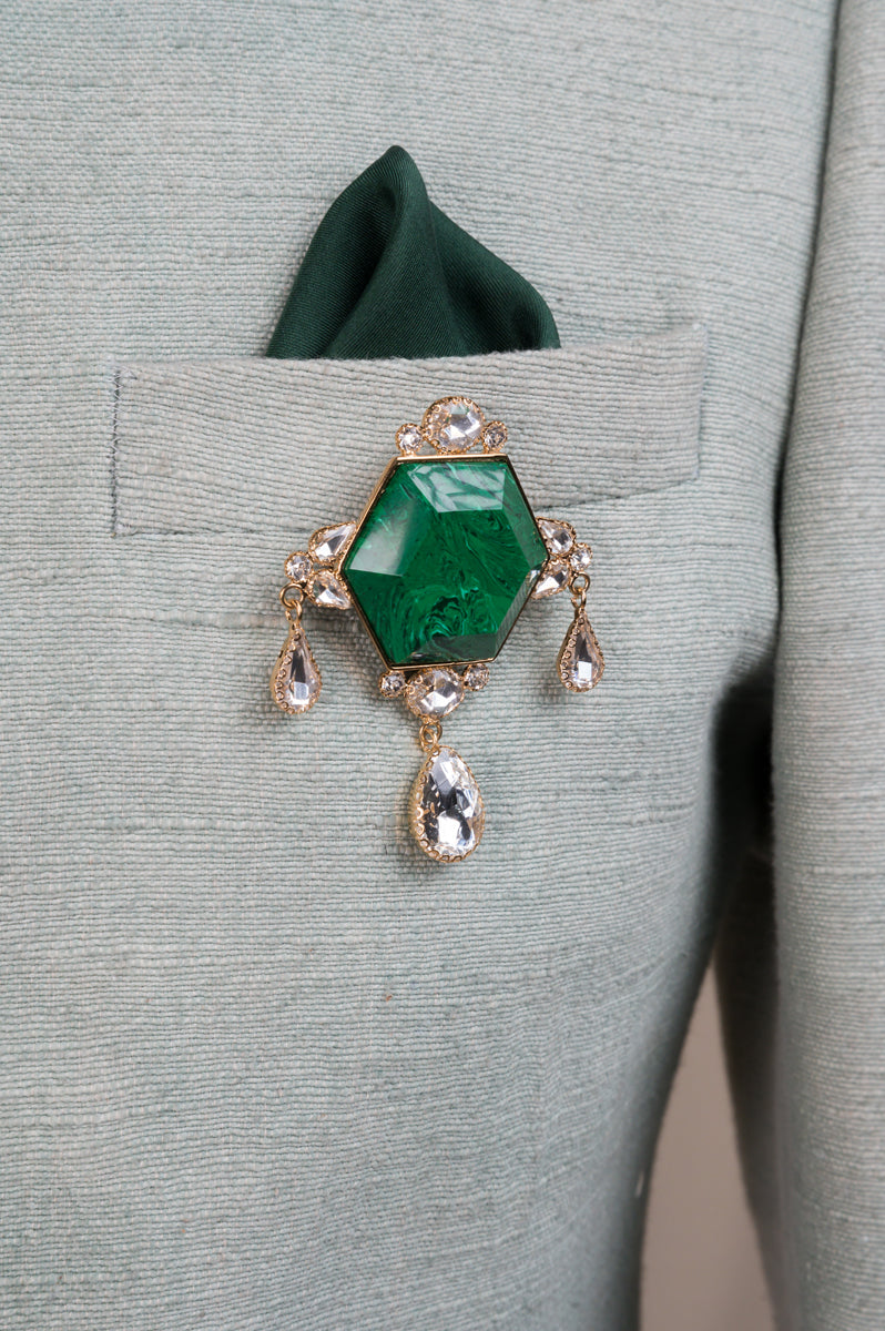 Emerald Hexagon Resin & Crystal Brooch