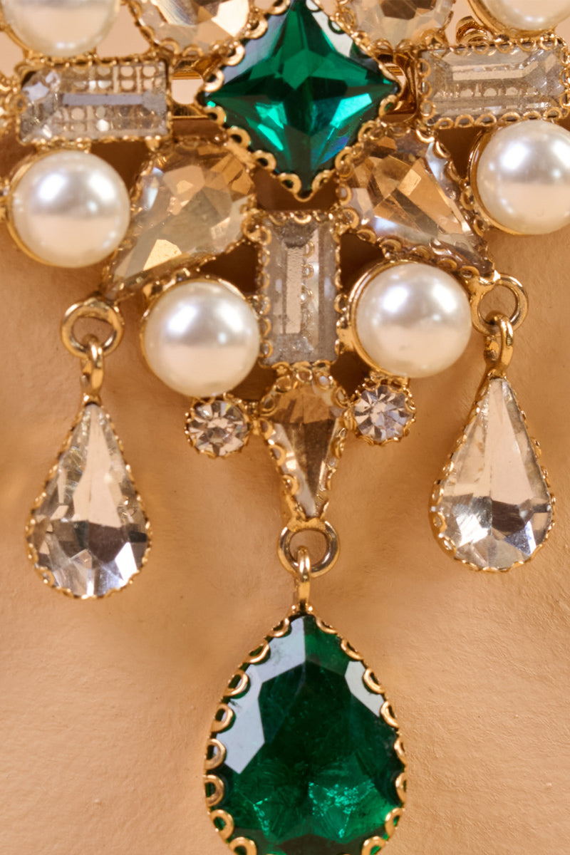 Emerald Brooch With Pearls & Beads