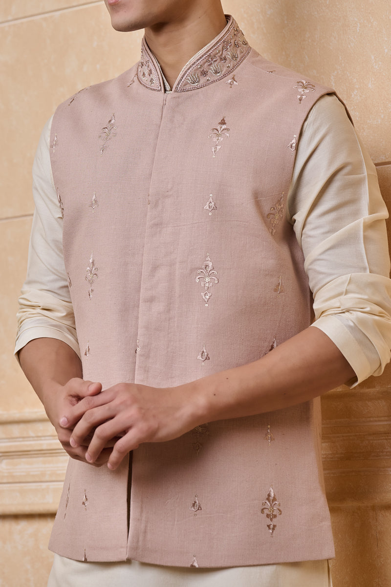 Peach Linen Bundi With All Over Embroidery