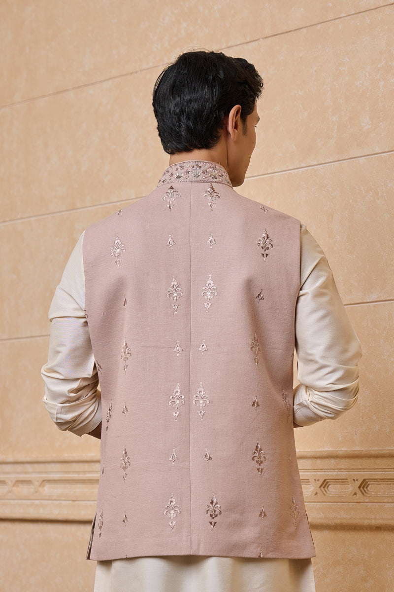 Peach Linen Bundi With All Over Embroidery