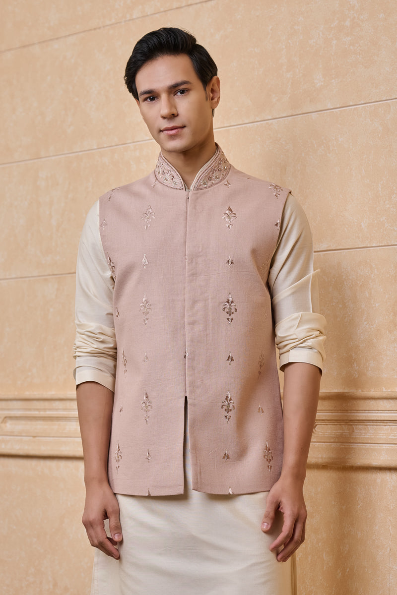 Peach Linen Bundi With All Over Embroidery