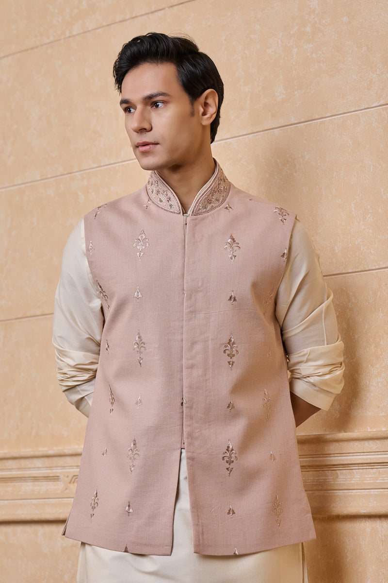 Peach Linen Bundi With All Over Embroidery