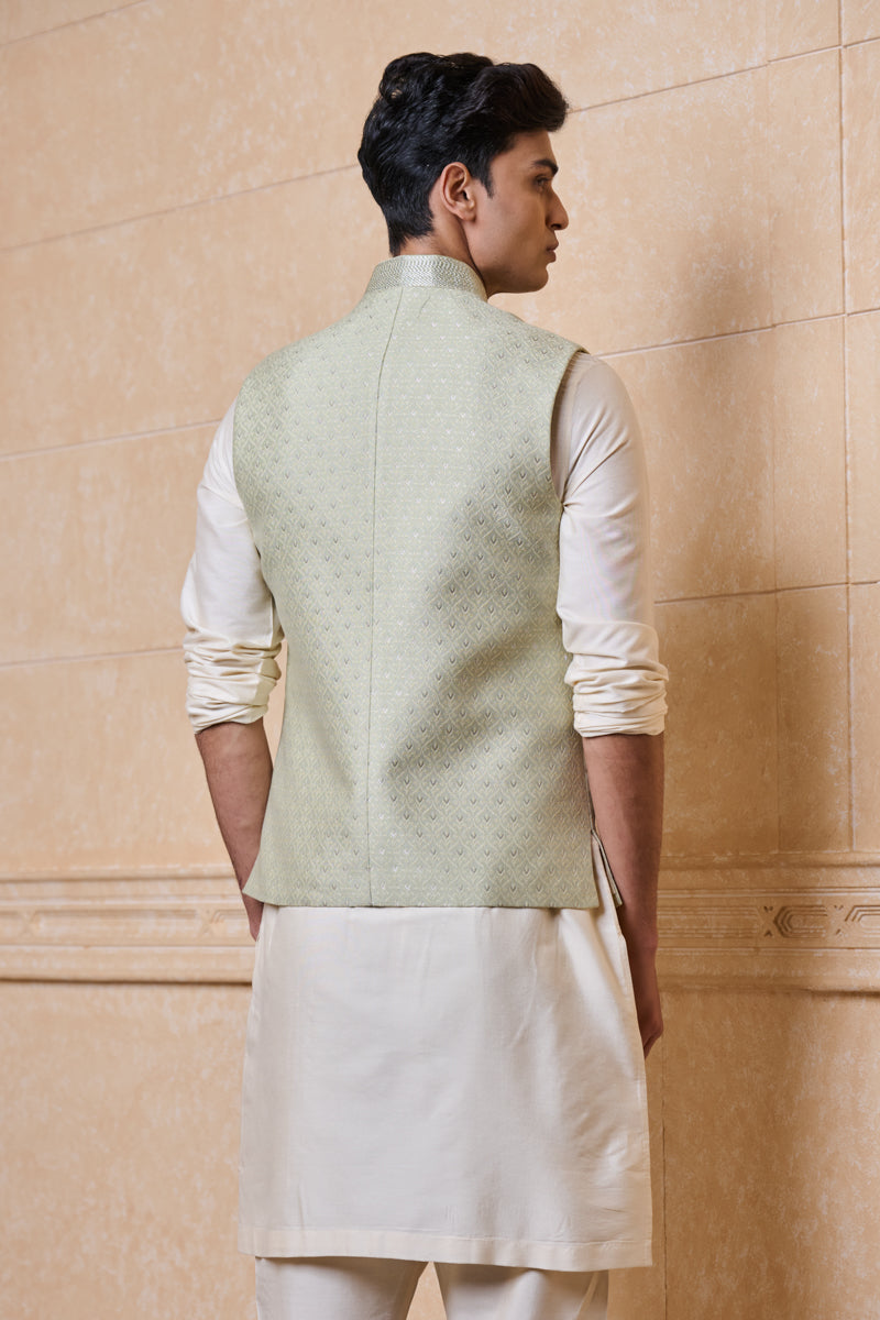 Light Green All Over Embroidered Brocade Bundi