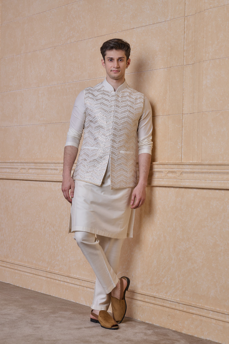 Ivory All Over Embroidered Bundi