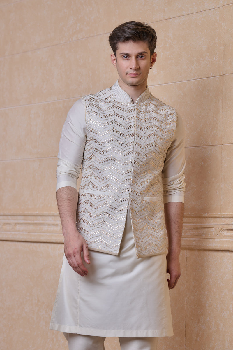 Ivory All Over Embroidered Bundi