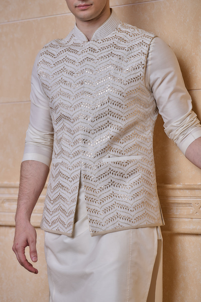 Ivory All Over Embroidered Bundi