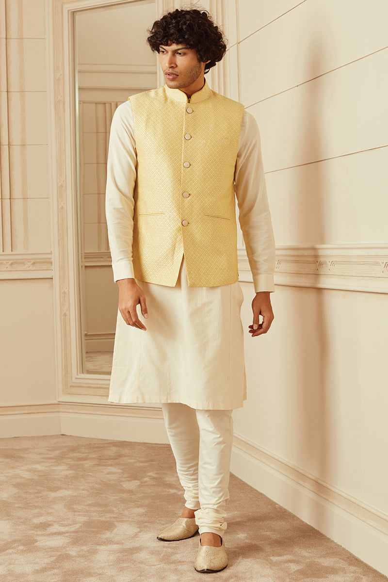 Yellow Jacquard Bundi With Top Stitch Collar