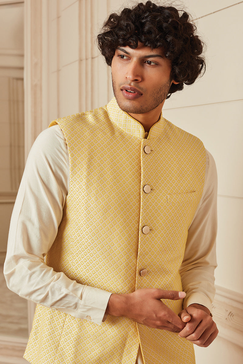 Yellow Jacquard Bundi With Top Stitch Collar