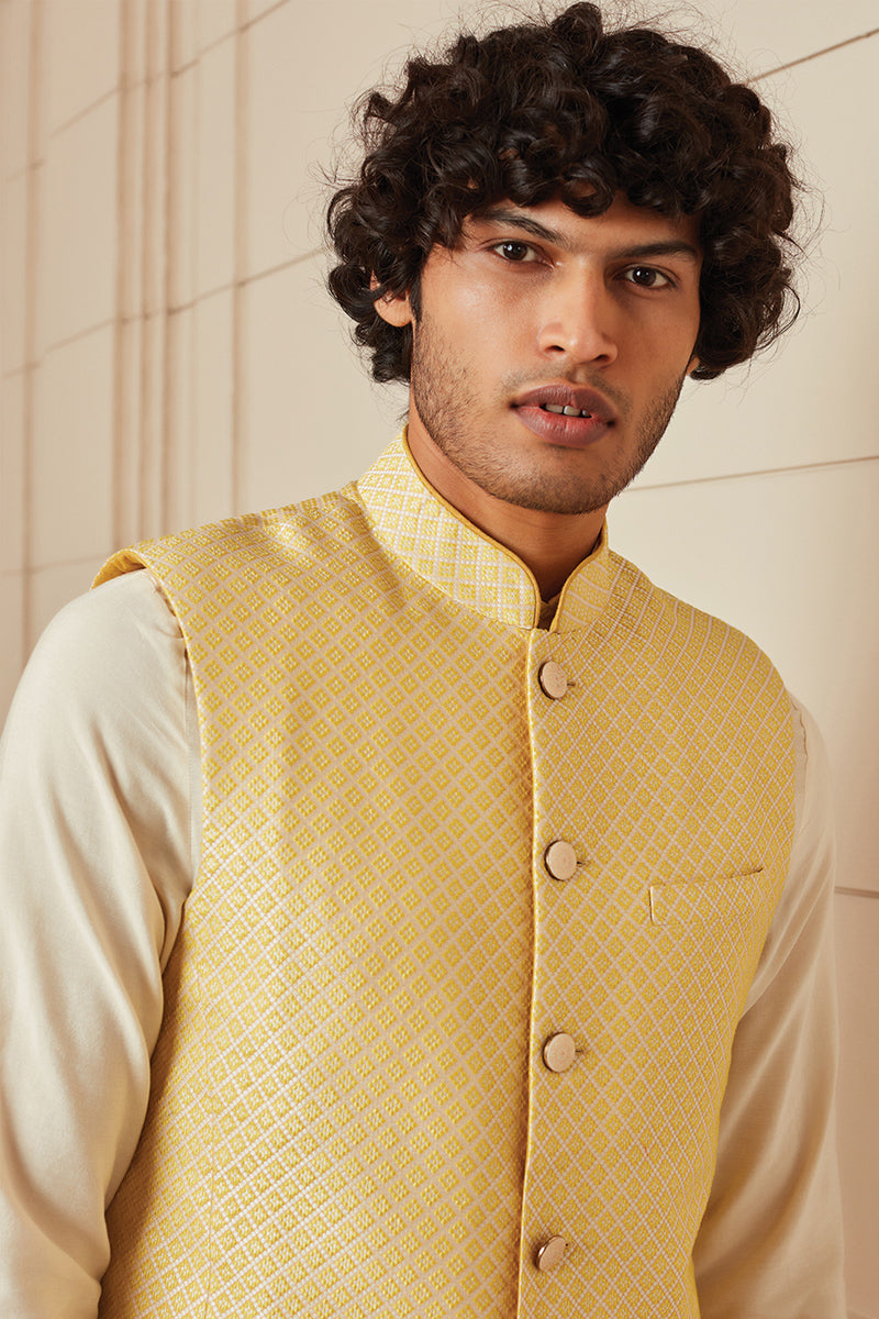 Yellow Jacquard Bundi With Top Stitch Collar