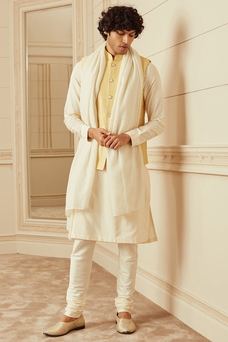 Yellow Jacquard Bundi With Top Stitch Collar