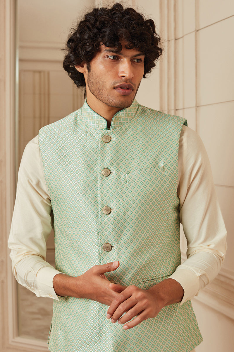 Light Green Jacquard Bundi With Top Stitch Collar