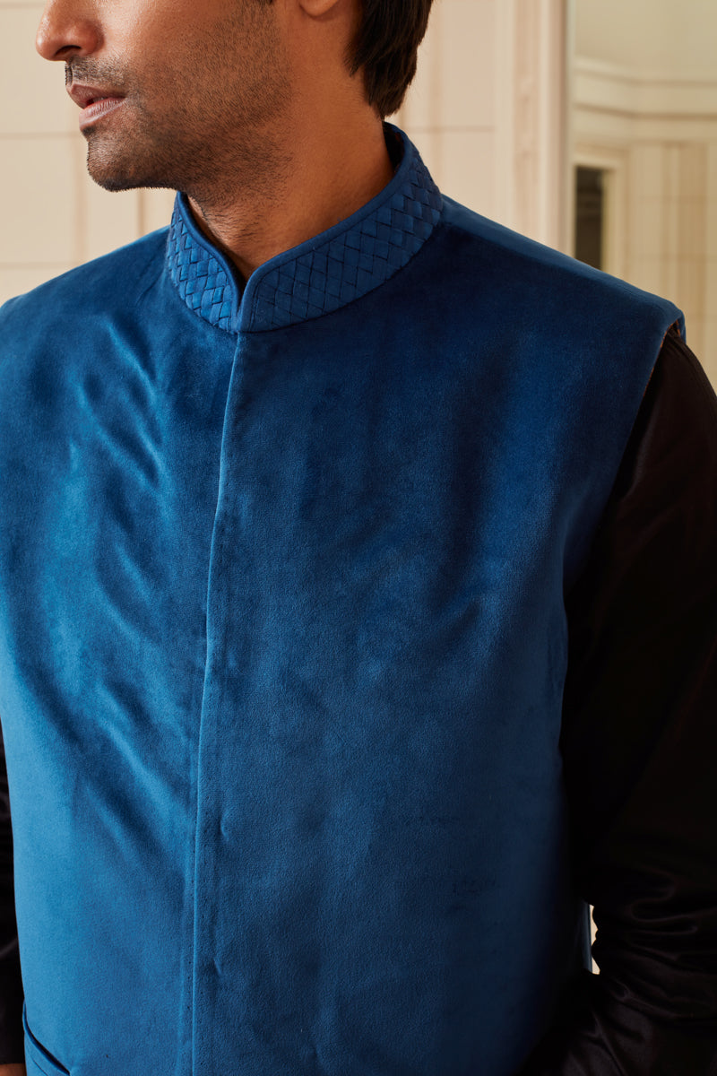 Blue Velvet Bundi With Embroidery on Collar