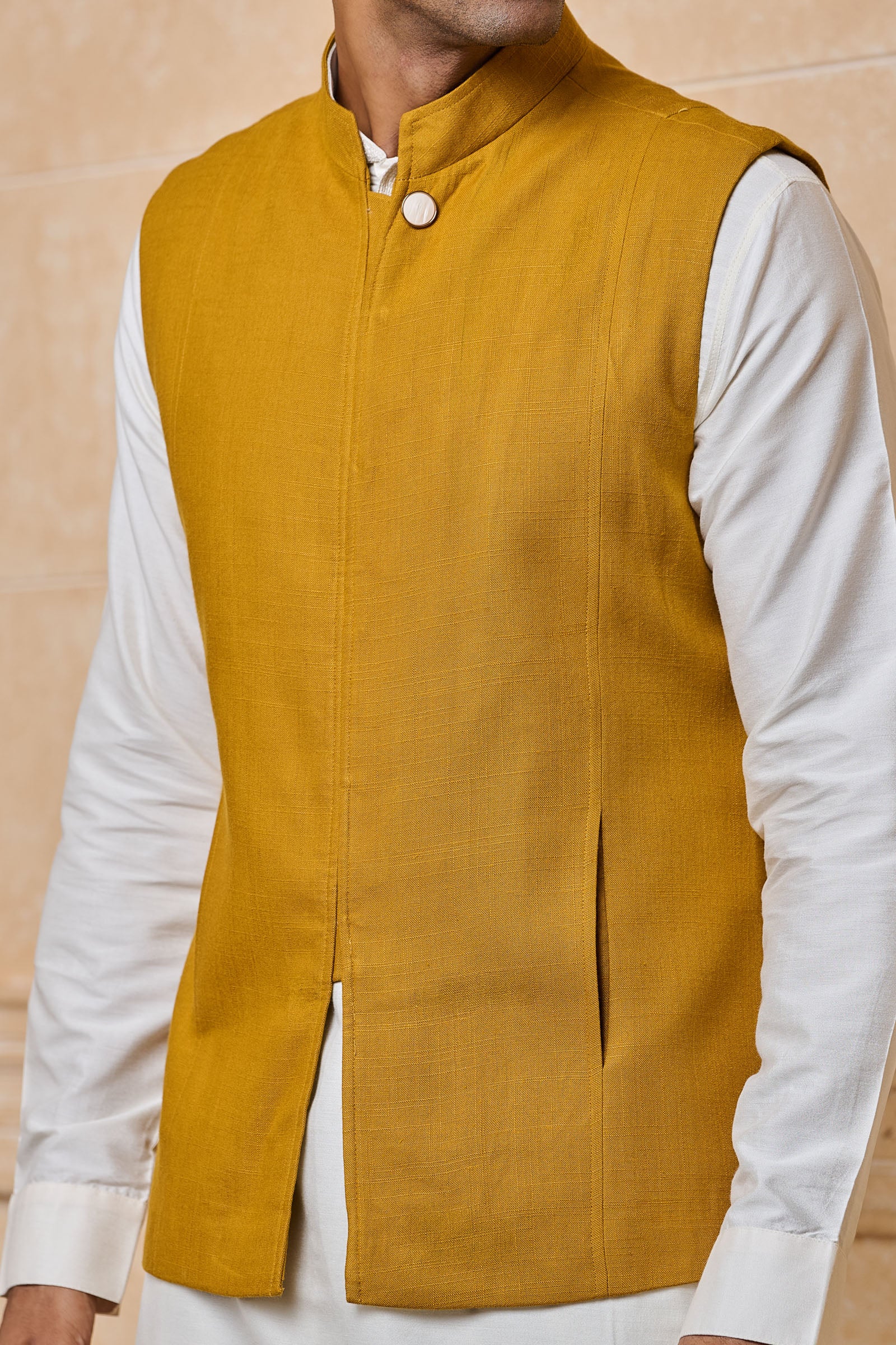 Yellow Ochre Classic bundi With Top Stitch Detailing