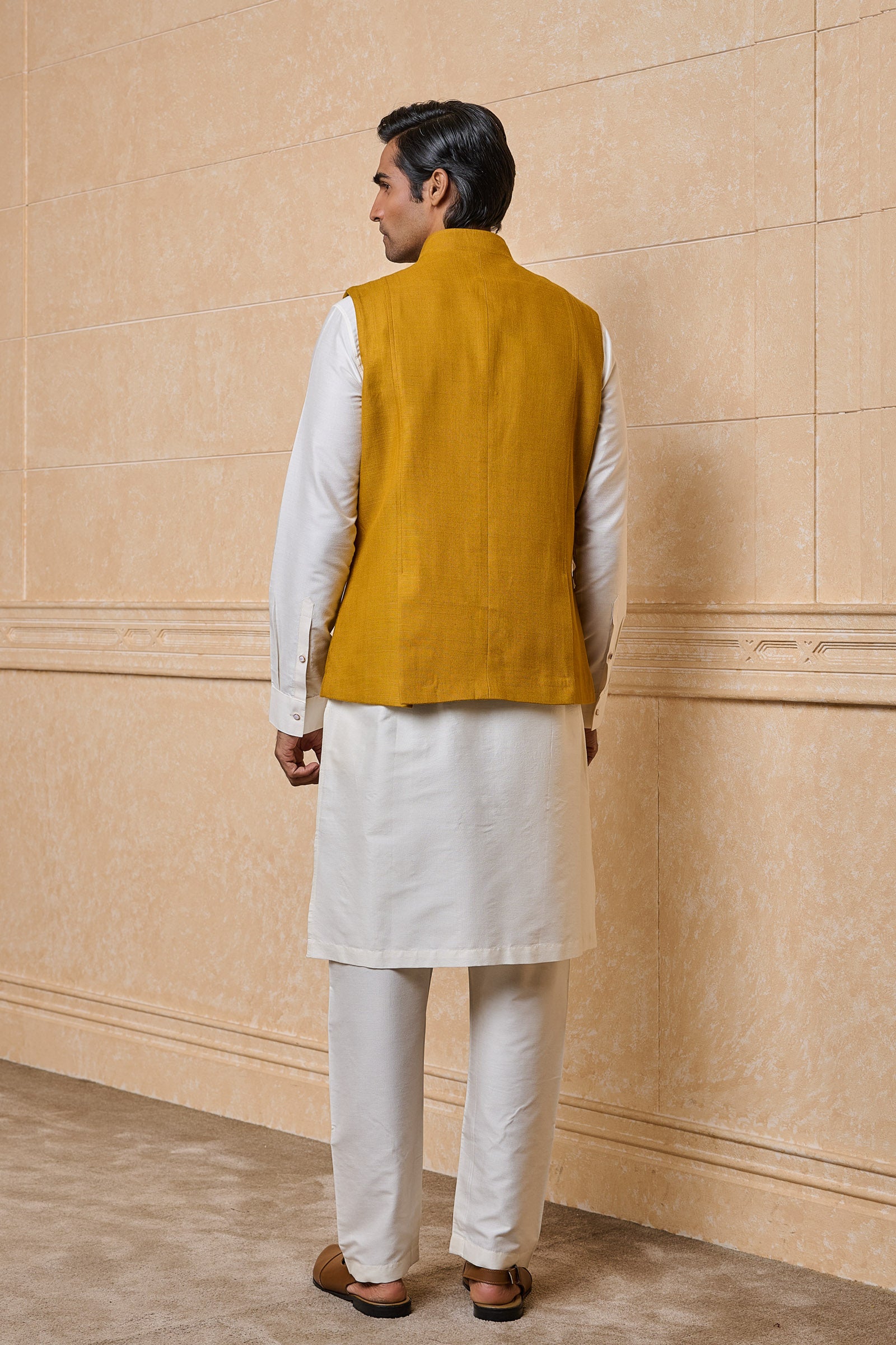 Yellow Ochre Classic bundi With Top Stitch Detailing