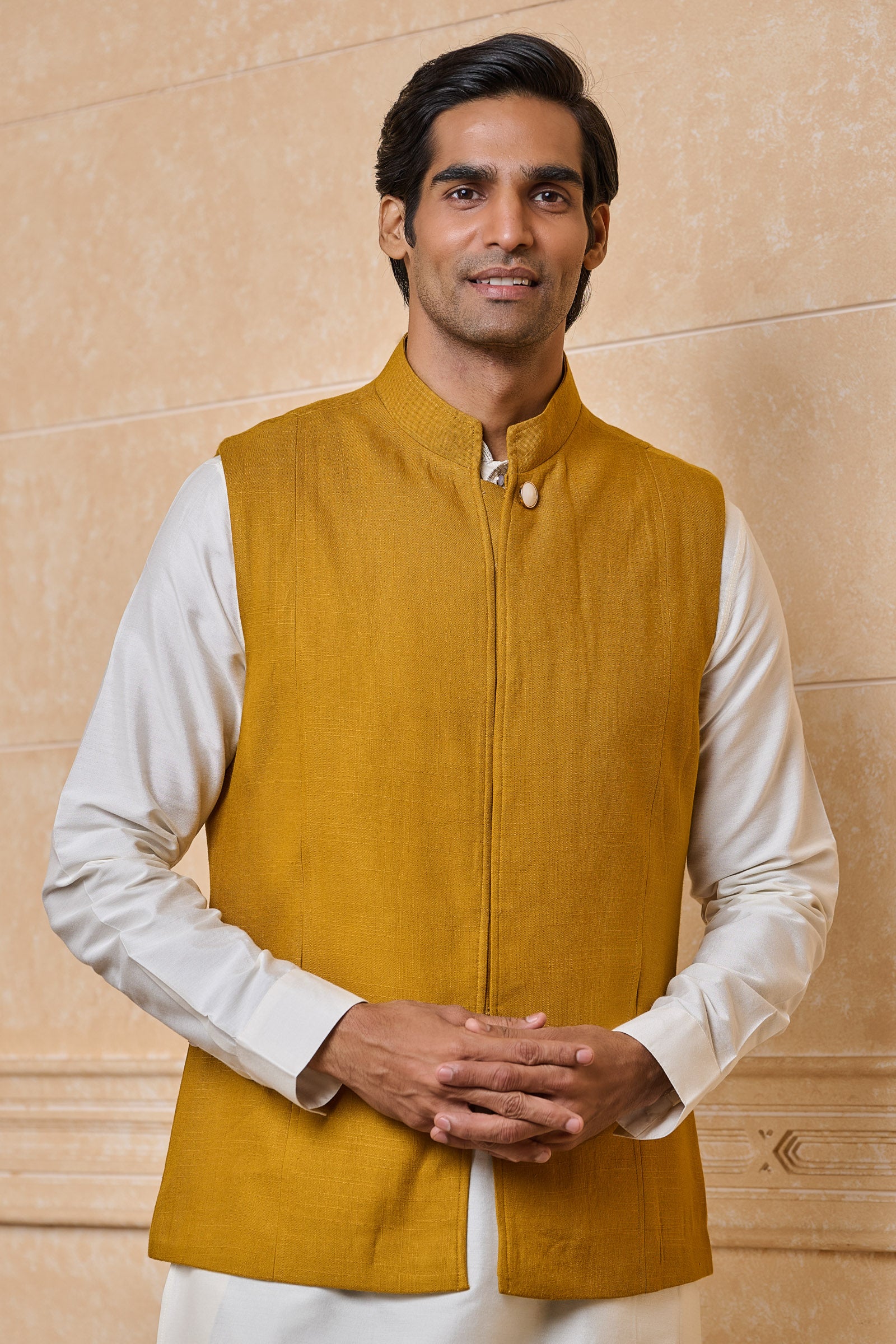 Yellow Ochre Classic bundi With Top Stitch Detailing