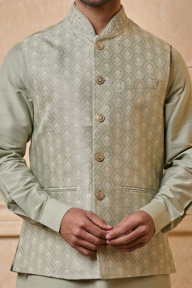 Light Green Brocade Bundi With Embroidered Collar