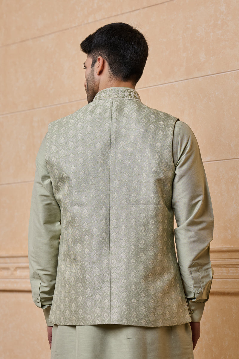 Light Green Brocade Bundi With Embroidered Collar