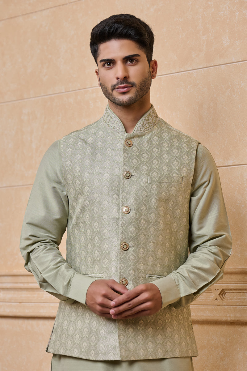 Light Green Brocade Bundi With Embroidered Collar