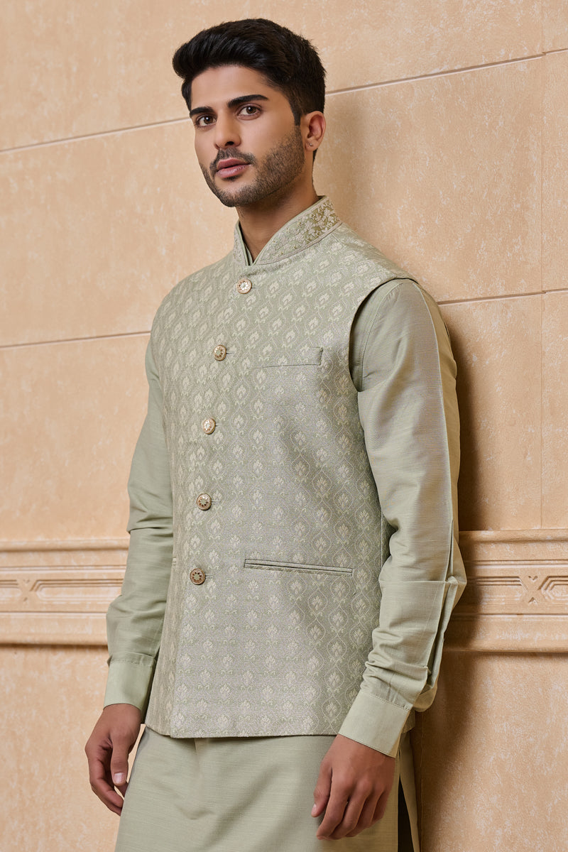 Light Green Brocade Bundi With Embroidered Collar