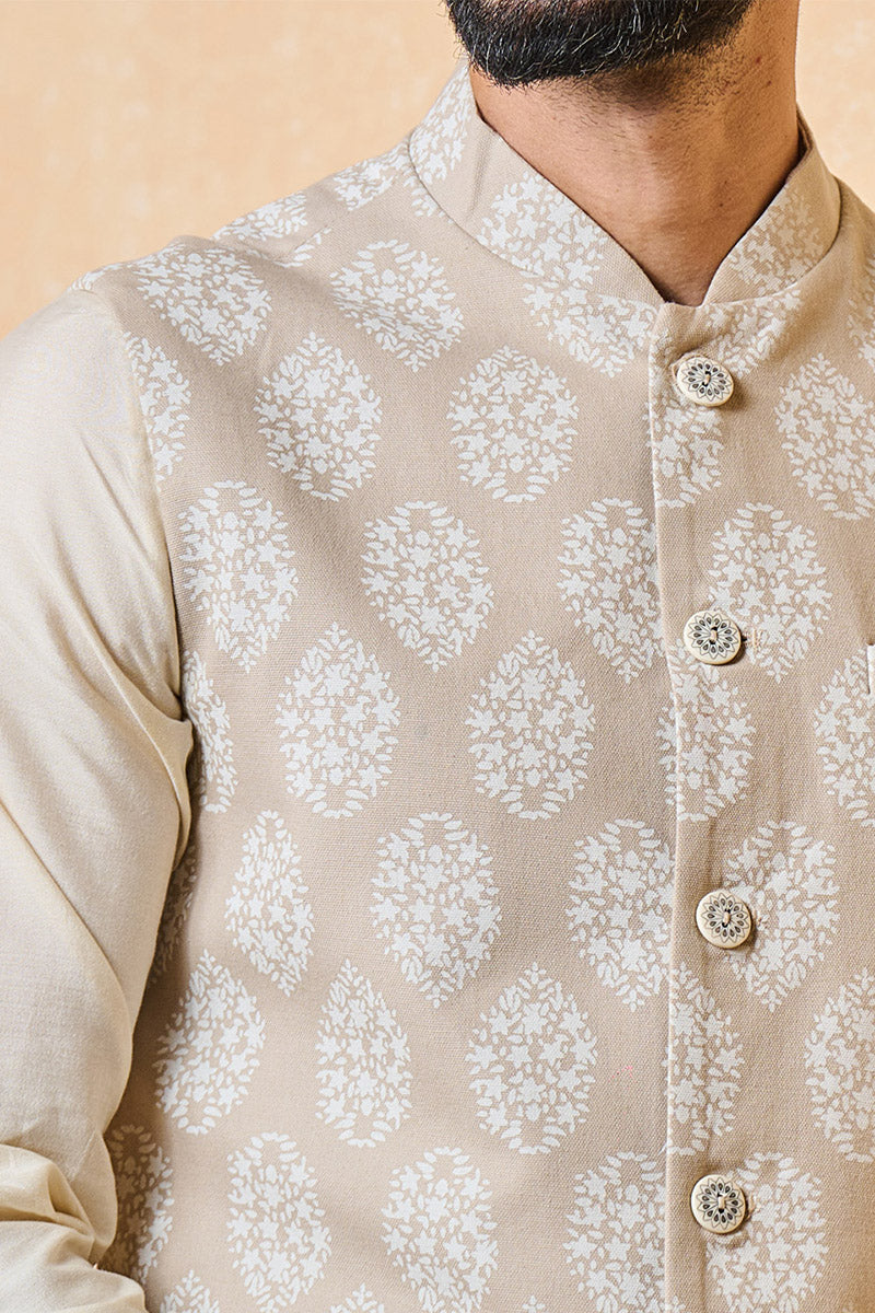 Beige Printed Bundi With Top Stitch Detailing