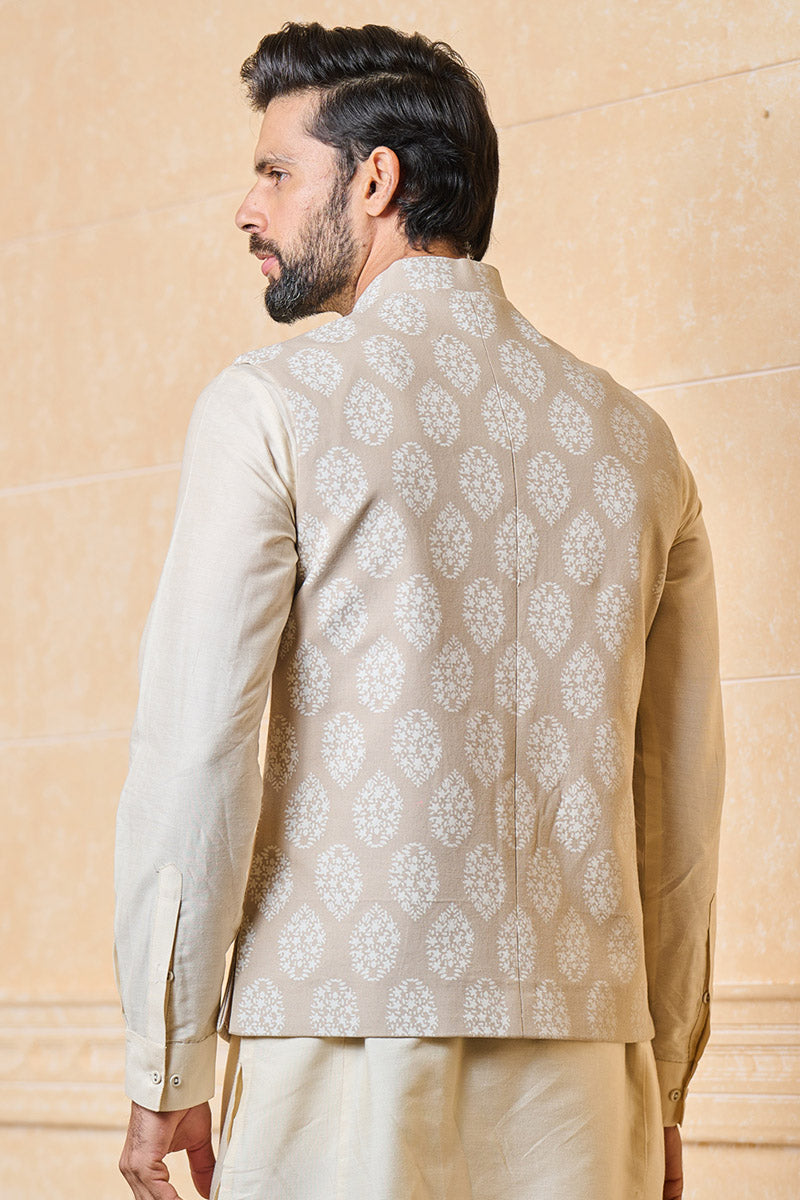 Beige Printed Bundi With Top Stitch Detailing