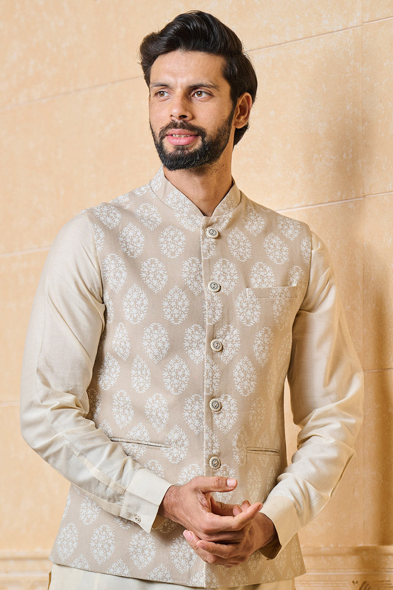 Beige Printed Bundi With Top Stitch Detailing