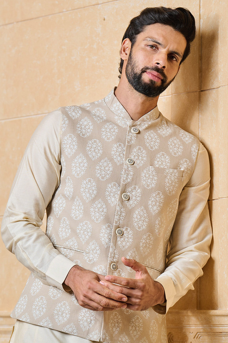 Beige Printed Bundi With Top Stitch Detailing