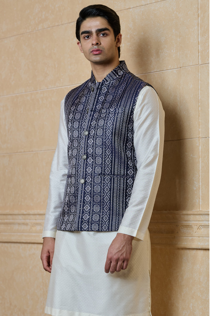 Navy Embroidered Jacquard Bundi