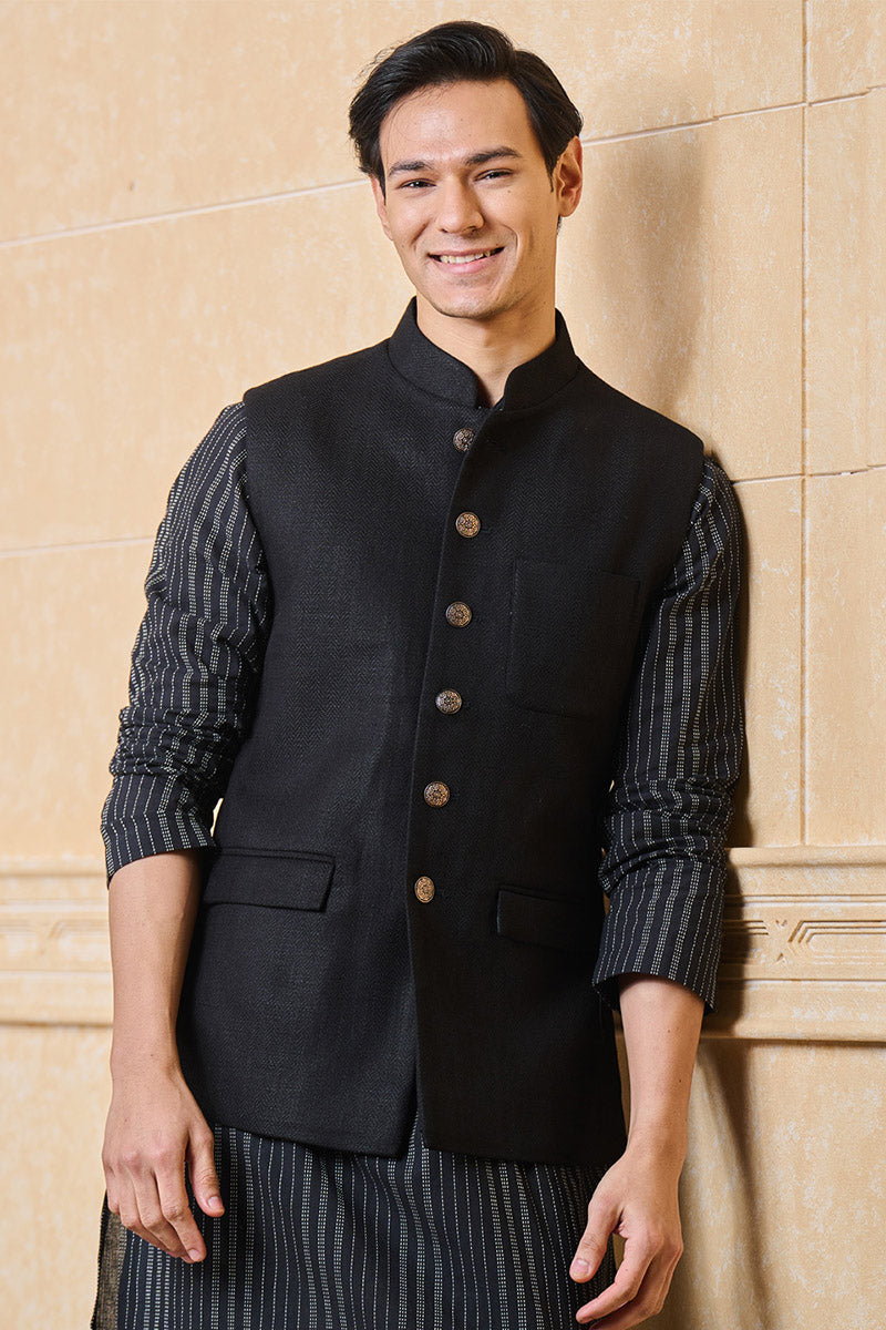 Solid Black Cotton Bundi